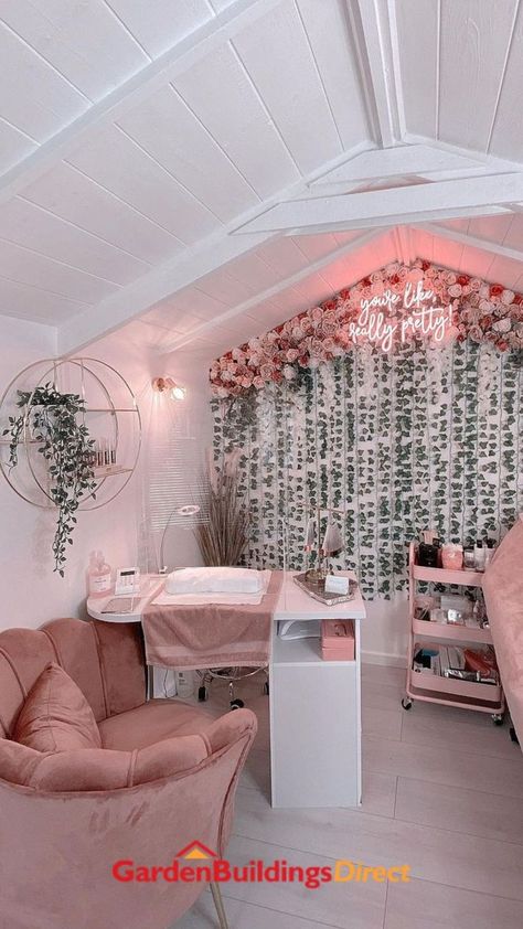 Shed Salon Ideas, Salon Goals, Spa Room Ideas, Beauty Cabin, Nail Room Ideas, Tech Room, Nail Salon Interior Design, Lash Room Decor, Nail Salon Interior