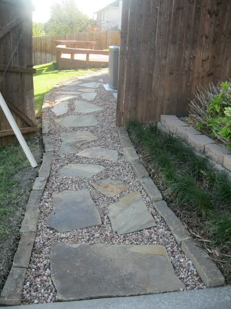 Alleyway Garden, Pebble Patio, Gravel Walkway, Flagstone Walkway, Flagstone Path, Gravel Landscaping, Side Walk, Backyard Walkway, Walkway Design