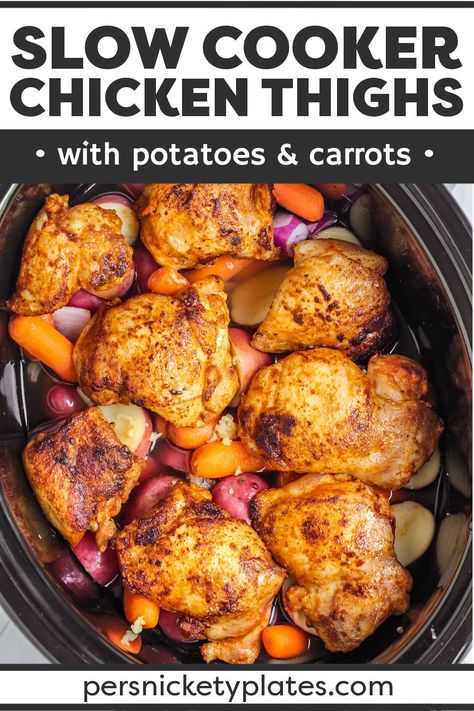 Slow Cooker Chicken Thighs with Potatoes & Carrots is an easy recipe that makes your entire dinner right in the crockpot! Juicy chicken thighs, tender potatoes and carrots, and a flavorful chicken gravy to pour over the top make this a meal the whole family will love. | www.persnicketyplates.com Chicken Thighs Potatoes Carrots, Chicken Thighs Slow Cooker Recipes, Chicken Thighs Potatoes, Crock Pot Chicken Thighs, Crockpot Chicken Thighs, Slow Cooker Chicken Thighs, Potatoes And Carrots, Potatoes Carrots, Boneless Chicken Thigh Recipes