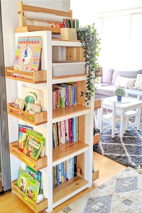 Book Shelf Ideas Kids Easy Diy, Ikea Bookshelf Classroom, Kids Playroom Book Storage, Upcycle Cube Storage Playroom, How To Build Montessori Bookshelf, Diy Forward Facing Bookshelf, Childs Bookshelf Ideas, Playroom House Ideas, Book Storage Playroom