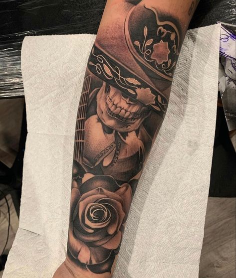 Mexican Sleeve Tattoo For Women, Mexican Arm Tattoos For Women, Mexican Tattoo Ideas For Men Forearm, Mexican Half Sleeve Tattoo, Mexican Tattoos Men, Mexican Sleeve Tattoo Men, Christanity Tattoos Sleeve, Mexican Men Tattoo Ideas, Mariachi Hat Tattoo