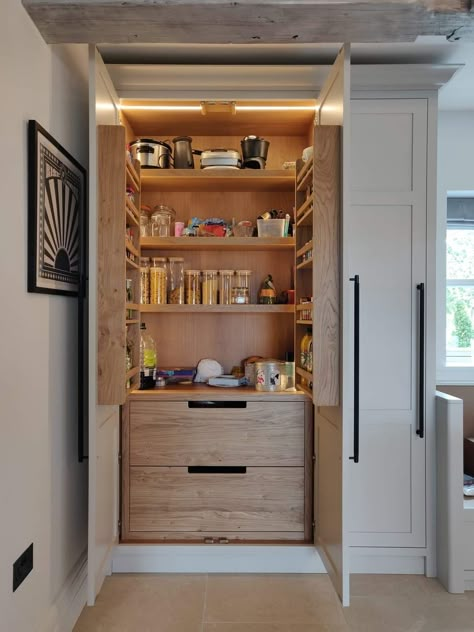 Single Pantry Cupboard, Mini Butlers Pantry Ideas, Small Kitchen Cupboards, Parallel Kitchen Design, Small Kitchen Design Apartment, Kitchen Larder Cupboard, Shallow Pantry, Pantry Closet Design, Kitchen Cabinetry Design