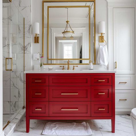 10+ Bathroom Paint Ideas Featuring Red and White for a Bold Statement • 333+ Art Images Red And White Bathroom Ideas, Red Bathroom Vanity, Red Powder Room, Red Bathroom Ideas, Red Feature Wall, Bathroom Paint Ideas, Bathroom Interior Modern, Red Accent Wall, Columns Decor