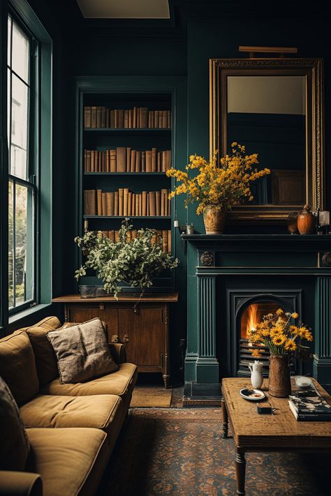 a dark green living room with mustard velvet sofa, vintage coffee table and fire lit Dark Green Living Room, Sunset Garden, Dark Green Walls, Interior Design Per La Casa, Cosy Spaces, Inspire Me Home Decor, Primary Bedroom, Vintage Living Room, Green Home Decor