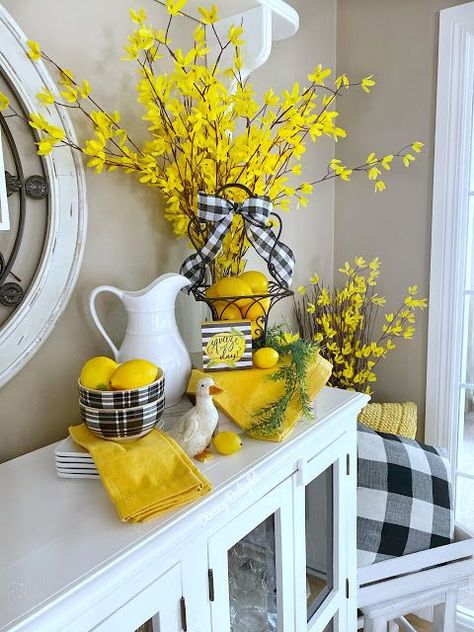 I've included lots of faux lemons and forsythia in this year's spring decor.  I love the bright yellow colour of both of them and in these... Lemon Kitchen Decor, Lemon Kitchen, Geek Decor, Small Kitchens, Yellow Decor, Kitchen Sideboard, Lemon Decor, Spring Summer Decor, Home Decor Living Room