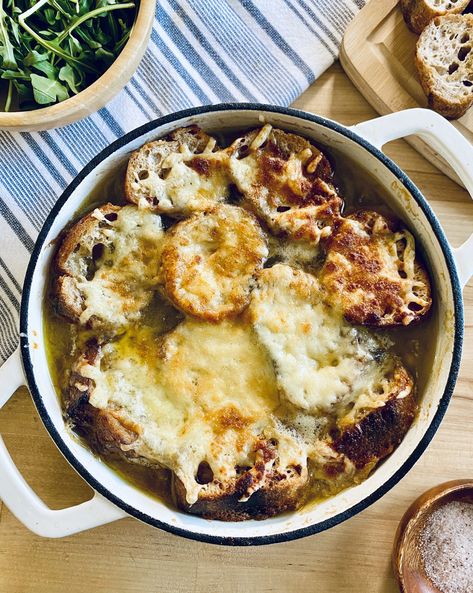 French Onion Soup (Adapted Julia Child recipe) Julia Childs, Julia Child Recipes, Celebrating Women, French Baguette, Natural Kitchen, Sliced Baguette, Private Chef, Julia Child, French Onion Soup