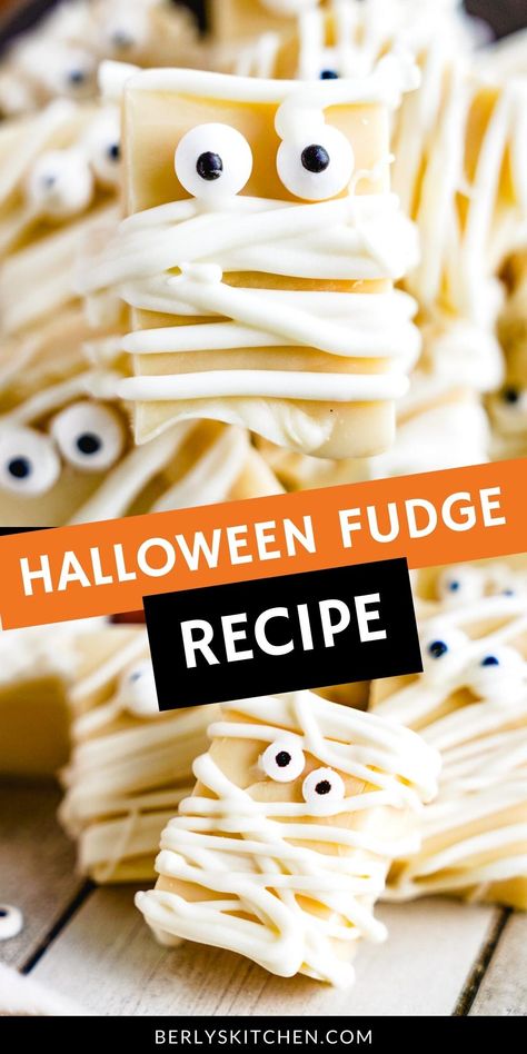 Batch of Halloween Fudge that looks like mummies. Vampire Fudge, Almond Bark Fudge Easy Recipes, Halloween Fudge Ideas, Halloween Fudge Recipes, Homemade Halloween Candy, Halloween Fudge, Fall Fudge, Halloween Candy Recipes, Candy Corn Recipe