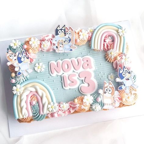 Bluey Cake Ideas Sheet Cake, Bluey 3rd Birthday Cake, Bluey Sheet Cake For Girl, Pastel Sheet Cake, Bluey 2nd Birthday Cake, Bluey Cupcake Cake, Bluey Sheet Cake, Bluey Dessert Table Ideas, Rectangular Birthday Cake