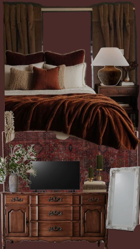 Dark and moody bedroom style in a red wine concept colour blocking Burgundy Bedroom Ideas, Burgundy Room, Burgundy Bedroom, Cherry Bedroom, Dark And Moody Bedroom, Home Office/guest Room, Red Bedroom, Bedroom Colour Palette, Moody Bedroom