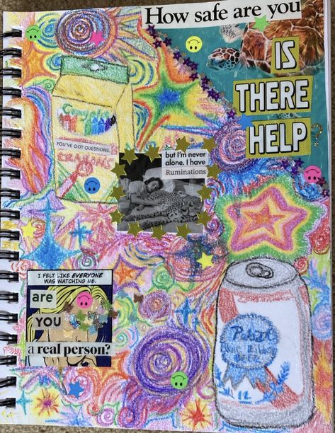 A page of a sketchbook journal showing drawings in crayon, with magazine and sticker collage over top. Drawings include a box of crayons, a can of PBR, and abstract drawings of stars, suns, and comets in neon rainbow colors. There are images and text collaged from magazines, star and smiley face stickers over top, and star and butterfly shaped glitter confetti. Text discusses themes surrounding psychosis (sorry alt box is not long enough to include all the text, message me for more info). Multi Media Journal, Mixed Media Sketchbook Pages, Random Sketchbook Ideas, Visual Journal Ideas Inspiration, Multi Media Collage, Drawing Collage Doodles, Collage Project Ideas, Sketchbook Collage Ideas, Crayon Sketchbook