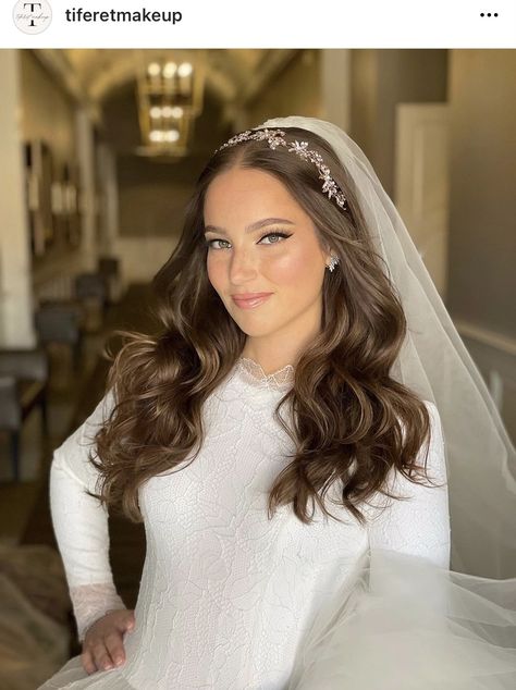 Bridal Hair Down With Headpiece And Veil, Wedding Headband With Veil Hair Down, Headband And Veil Hair Down, Wedding Hair Down With Crown, Straight Wedding Hair With Veil, Bride Hairstyles Headband, Bride Headband And Veil, Bridal Hairstyle With Headband, Wedding Hairstyles With Veil And Tiara