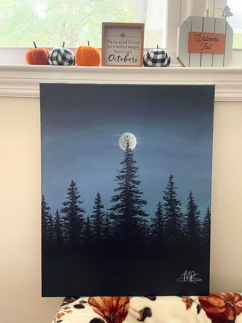 Tree Silloutes Painting, Simple Woods Painting, Night Forest Painting Acrylic, Pine Tree Silhouette Painting, Night Sky With Trees Painting, Trees Painting Ideas, Night Forest Painting Easy, Painting Ideas Silhouette, Forest Easy Painting