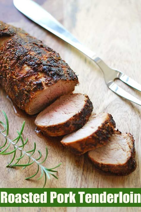 A super easy pork tenderloin recipe. Simply rub the pork tenderloin with a tasty dry rub, quickly sear, then roast in a hot oven. It's juicy and delicious! Pork Tenerloin, Healthy Pork Tenderloin Recipes, Oven Roasted Pork Tenderloin, Easy Pork Tenderloin Recipes, Rice Burrito, Easy Pork Tenderloin, Layered Taco, Rice Video, Mustard Pork Tenderloin