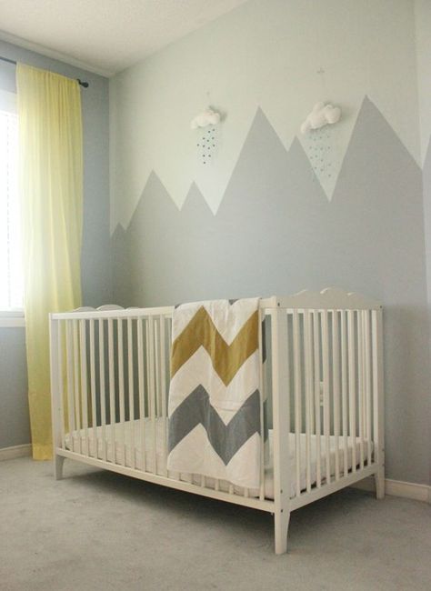 Gray and blue mountain wall mural in a modern nursery design. Love the touches of yellow in this room - Unique Nursery Ideas & Children's Room Decor Simple Mountain Wall Mural, Simple Mountain Mural, Mountain Mural Nursery, Mural Nursery, 3d Clouds, Cloud Nursery, Boy Toddler Bedroom, Mountain Mural, Mountain Nursery