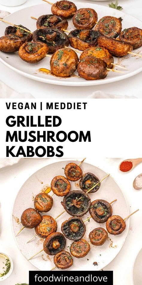 Easy Grilled Mushroom Skewers, a simple vegan recipe for a delicious tasting barbecue side dish. Low carb and Mediterranean diet. Side Dish Low Carb, Mushroom Skewers, Mushroom Kabobs, Barbecue Sides, Barbecue Side Dishes, Mediterranean Meals, Fav Food, How To Cook Mushrooms, Grilled Mushrooms