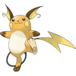 Raichu, the Mouse Pokémon. Raichu is a bipedal, rodent-like Pokémon. Raichu is covered in dark orange fur with a cream belly. Its arms and feet have patches of brown fur at the end, and the soles of its big feet are tan with a circular orange pad. Its bifurcated ears are brown on the outside and yellow on the insides and ends in a distinctive curl. The electric sacs on its cheeks are yellow. All 151 Pokemon, Pokemon Fire Red, Original 151 Pokemon, Rayquaza Pokemon, Pokemon Fashion, Original 151, Pikachu Raichu, Pokemon Original, Mouse Pokemon