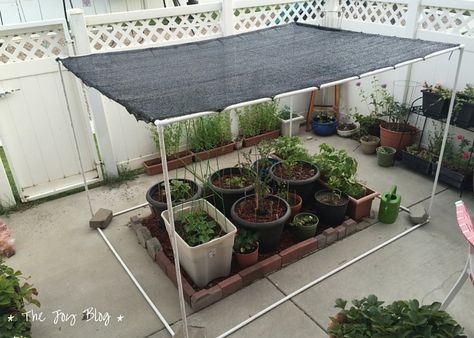 DIY Garden Shade Canopy // WWW.THEJOYBLOG.NET Pvc Shade Structure Diy, Diy Garden Netting Frame, Diy Shade Cloth Garden, Diy Shade For Plants, Caterpillar Enclosure, Shade Cloth Garden, Portable Shade, Garden Shade, Shade House