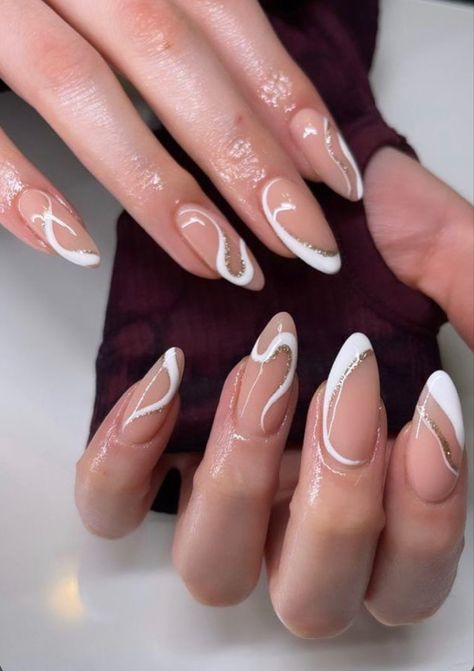 Graduation Nails Oval, White Swirl Almond Nails, White Swirl Nails, Oval Nail Art, Ivory Nails, Simple Nail Design, Line Nail Designs, Oval Acrylic Nails, Gold Gel Nails