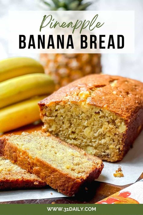 This Pineapple Banana Bread is a delicious twist on your favorite comfort food treat. It's moist, and tender, with a hint of the tropics. Simple banana bread ingredients with pineapple, its juices, and coconut. Banana Bread With Crushed Pineapple, Pina Colada Banana Bread, Banana Bread With Pineapple Recipe, Hawian Banana Bread, Hawaiian Banana Bread With Coconut And Pineapple, Pineapple Coconut Bread Pudding, Banana Pineapple Coconut Bread, Banana Pineapple Bread Recipe Moist, Hawaiian Banana Bread Crushed Pineapple