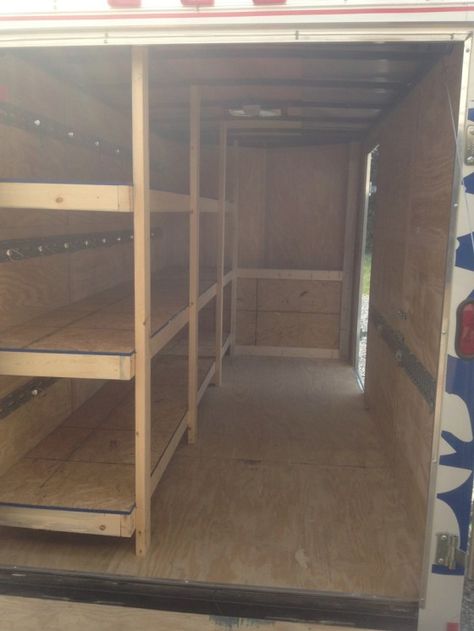 shelf one side and front, door on right Rv Bunk Beds, Enclosed Trailer Cabinets, Hunting Trailer, Enclosed Utility Trailers, Enclosed Trailer Camper, Trailer Shelving, Van Shelving, Building Shelves, Trailer Organization