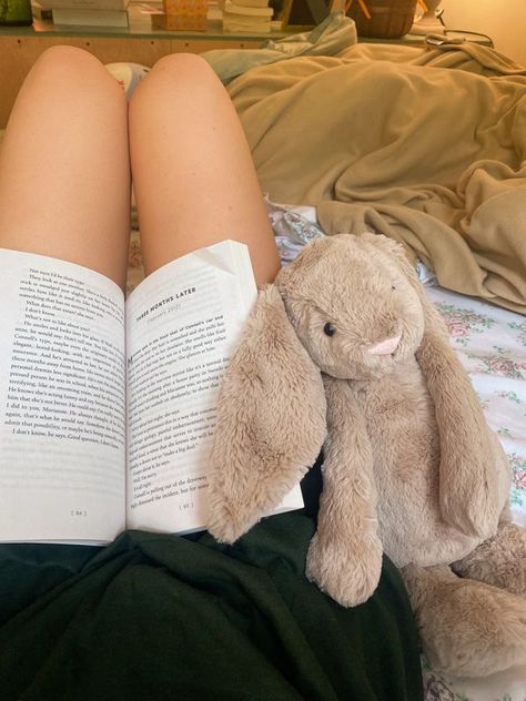 Jellycat Bunny, Reading Aesthetic, Not Mine, Stuffed Animal, Jelly, Sleep, Reading, Bed, Animals