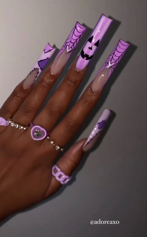 October Nails Long, Long Almond Fall Nails, Halloween Fall Nails Ideas, Purple Spooky Nails, Long Halloween Acrylic Nails, Hello Kitty Nails Long, Purple Halloween Nail Designs, Nail Designs Spooky, Bright Acrylic Nails