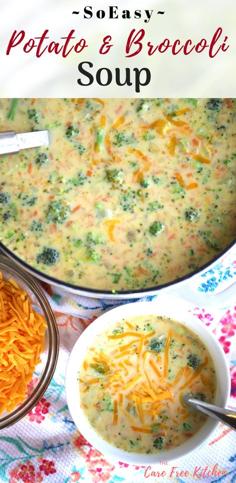 My family loves this! This cheesy potato and broccoli soup is packed with vegetables and flavor.  It’s a healthy dinner idea.  It’s delicious and and easy dinner the entire family will love.  #broccoli #potato #cheese #cheesy #soup #easy #dinnerrecipes #dinnerideas #dinnertime #easyrecipe #easydinner #thecarefreekitchen Cheese Potatoes Crockpot, Potato And Broccoli Soup, Broccoli Potato Cheese Soup, Potatoes Crockpot, Potato And Broccoli, Broccoli And Cheese Soup, Broccoli Potato Soup, Broccoli And Potatoes, Cheesy Potato Soup