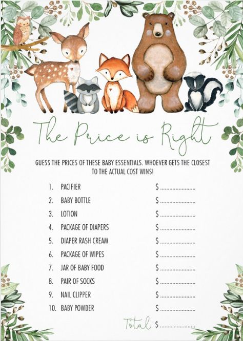 The price is right - woodland themed baby shower game cards. Perfect for baby shower and baby sprinkle! afflink Woodland Baby Shower Theme Games, Woodland Animals Baby Shower Theme, Woodland Animal Baby Shower Theme, Forest Baby Shower Theme, Woodland Baby Shower Theme Boy, Animal Baby Shower Games, Woodland Creatures Baby Shower, Forest Animal Baby Shower, Forest Baby Showers