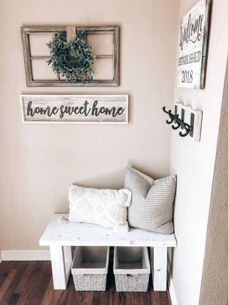 Hallway Bench Ideas Entryway Farmhouse, How To Make A Small Bench Entry Ways, Welcome Bench Entryway, Entryway Bench Apartment, Small Farmhouse Bench Entryway, Small Foyer Design, Organization Ideas For Small Spaces, Entryway Bench Decor, Small Entryway Bench