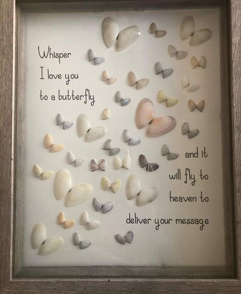 Beach House Wall Decor Living Room, Beachy Bathroom Decor Ideas, What To Do With Sea Shells Ideas, Seashell Butterfly Shell Art, Shell And Driftwood Crafts, Butterfly Seashell Art, Pictures Made With Shells, Sea Shell Crafts Diy Ideas, Seashell Sayings