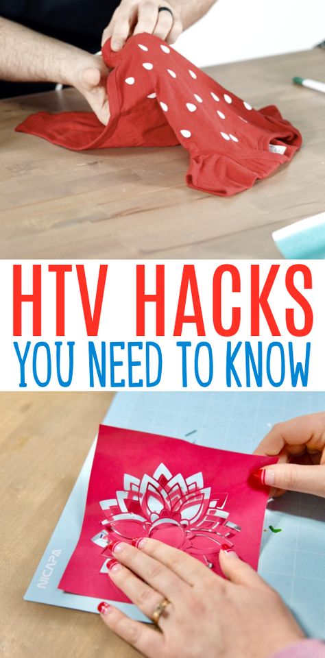 If you love working with heat transfer vinyl, you’re going to love this post about HTV Hacks You Need to Know. We’re going to teach every single iron-on vinyl hack that we know here! Whether you are a Cricut beginner or a seasoned pro, you might just learn some really helpful tips and tricks today. Htv Tips And Tricks, Htv Temperature Guide, Cricut Htv Projects, Iron On Vinyl Cricut, Cricut Tips And Tricks, Layering Hacks, Heat Transfer Vinyl Tutorial, Cricut Heat Transfer Vinyl, Heat Transfer Vinyl Projects