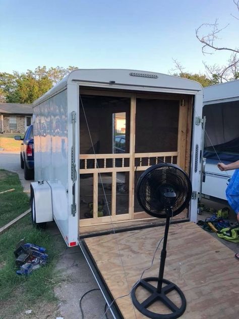 Pocket sliding screen door out the back Enclosed Cargo Trailer Camper Conversion, Convert Utility Trailer Into Camper, Covered Trailer Conversion, Utility Trailer Camper Conversion, Cargo Camper Conversion, Converted Cargo Trailer To Camper, Utility Trailer Upgrades, Converted Cargo Trailer, Utility Trailer Camper