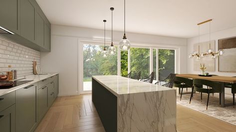 Open Concept Kitchen And Dining, Mint House, Kitchen Quartz, Quartz Worktop, Herringbone Flooring, Quartz Worktops, Concept Kitchen, Marble Quartz, Quartz Kitchen