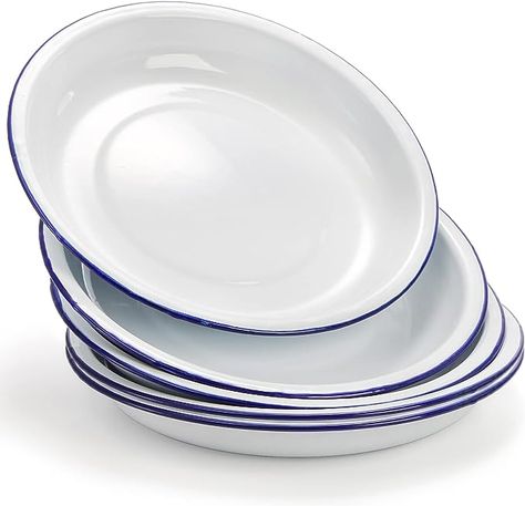 Amazon.com | Dicunoy Pack of 5 Enamel Plates, 9.5" Unbreakable Enamelware Dinner Serving Platter Trays, Retro White Round Shallow Bowls with Blue Rim for Pasta, Salad, Camping, Outdoor, Picnic, BBQ: Dinner Plates Enamel Plates, Picnic Bbq, Enamel Plate, Perfect Picnic, Food Out, Outdoor Picnic, Black Rims, Dinner Plate Sets, Ceramic Coating