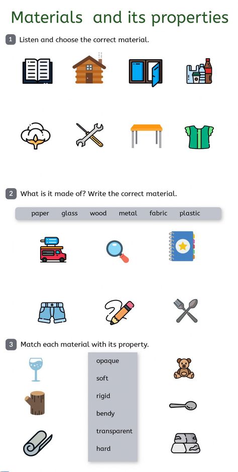 Materials online worksheet for 1º. You can do the exercises online or download the worksheet as pdf. Colligative Properties, Action Verbs Worksheet, Grade 3 Science, Plants Worksheets, Basic English Sentences, First Grade Math Worksheets, Worksheets For Grade 3, Systems Of Equations, Grade Spelling