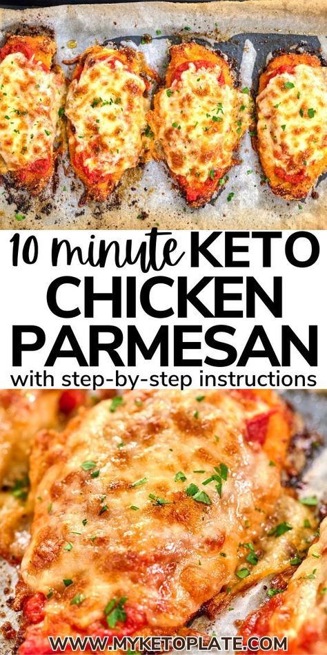 This keto chicken parmesan is fantastic! It's crispy, juicy, and covered in tomato sauce and cheese – all baked perfectly. And it's low-carb, too. It's quick, easy, and delicious – you'll want to make it often! You only need a few ingredients: chicken breast, eggs, and shredded mozzarella for the crispiest oven-baked chicken. It's ideal for busy nights when you need a quick family dinner. Keto Chicken Parmesan, Chicken Parmesan Recipe Easy, Chicken Parmesan Recipe, Easy Chicken Parmesan, Parmesan Recipes, Diner Recept, Baked Chicken Parmesan, Easy Baked Chicken, Easy Chicken Dinner Recipes