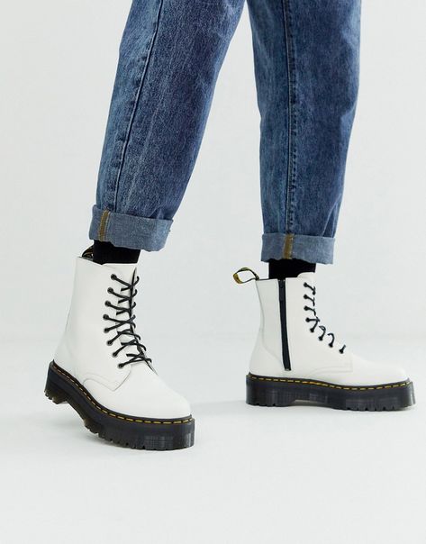 DR. MARTENS JADON PLATFORM BOOTS IN WHITE LEATHER - WHITE. #dr.martens #shoes Platform Chelsea Doc Martens Outfit, Platform Doc Martens Sandals, Chelsea Doc Martens Outfit, Doc Martens Sandals Outfit, Dr Martens Jadon White, White Platform Doc Martens, Dr Martens Shop, Doctor Martens, Jadon Platform Boots