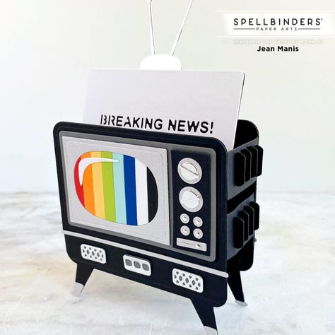 Tv Scrapbook Ideas, Spellbinders Retro Tv, Tim Holtz Retro Tv, Spellbinders Typewriter, Vintage Box Tv Reuses, Retro Television, Interactive Card, Spellbinders Dies, 3d Cards