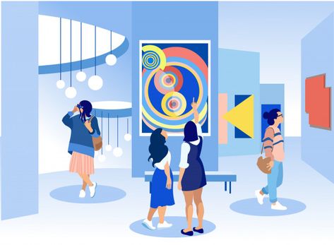 Exhibition visitors viewing paintings in gallery. Premium Vector Abstract Art Gallery, Its A Girl Balloons, Creative Artwork, Painting Gallery, Modern Abstract Painting, Contemporary Art Gallery, Flat Illustration, Illustrations And Posters, Abstract Paintings