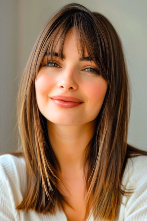 Mid-Length Cut with Bangs Straight Hairstyle. Shoulder Length A Line Haircut, Long Brown Hair With Wispy Bangs, Medium With Bangs Shoulder Length, Lob With Face Framing Bangs, Long Bob With Bangs Straight Hair, Short Bangs Straight Hair, Bangs To Cover Forehead Wrinkles, Straight Hair Styles With Bangs, Straight Hair Bangs Layers