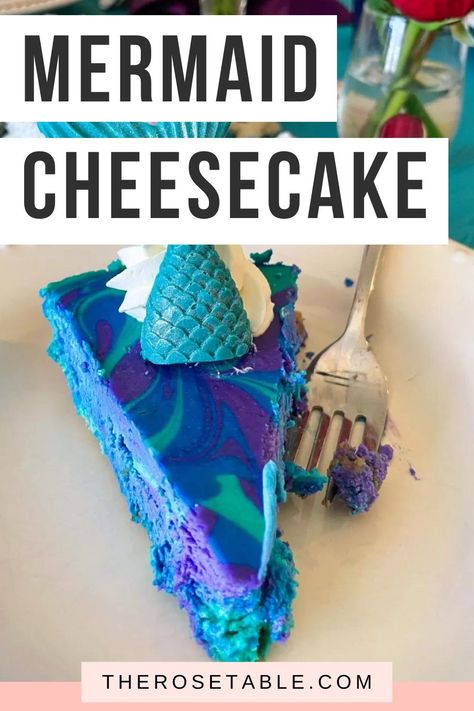 The perfect dessert for your Mermaid party! Looking for a make-ahead Disney dessert for your Little Mermaid party? This Mermaid Cheesecake is as delicious as it is beautiful! Mermaid Breakfast Food, Mermaid Dinner Food, Mermaid Brunch Food, Little Mermaid Snack Ideas, Mermaid Deserts, Little Mermaid Themed Dinner, Little Mermaid Food Ideas, Mermaid Cheesecake, Little Mermaid Dessert