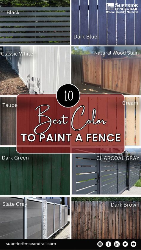 Express your style with our guide to the '10 Best Colors to Paint a Fence.' From classic neutrals to vibrant hues, discover the perfect palette to enhance your outdoor space. Elevate your curb appeal and redefine your boundaries with these stunning colors. Explore our recommendations for a fence that stands out with flair! Yellow Fence Paint, Fencing Colour Ideas, Grey House Fence Color, Painted Outdoor Fence, Two Tone Fence Ideas, Painted Wood Fence Colors, Stain Fence Colors, Stained Fence Colors, Privacy Fence Colors