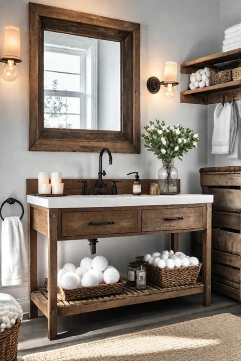 DIY bathroom makeover Dark Wood Stain Bathroom Vanity, Small Western Bathroom Ideas, Country Bathroom Ideas Farmhouse, Off Center Sink Bathroom Vanity Rustic, Farmhouse Restroom, Dark Wood Bathroom Vanity Farmhouse, Bathroom Vanity With Vessel Sink, Open Shelf Bathroom Vanity Rustic, 4 Ft Bathroom Vanity Rustic