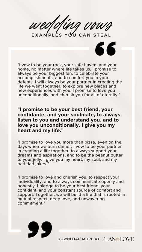 modern wedding vows marriage vows Wedding Vows For Best Friends, Vows To Husband Best Friend, Wedding Vows Picture Ideas, Simple Vows Wedding, Wedding Vows Ideas Unique, Wedding Vows Poems, Wedding Vow Guide, Wedding Vows For High School Sweethearts, Help The Bride Write Her Vows