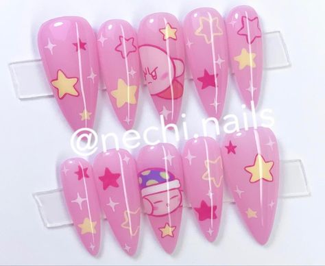 Cute Kirby Nails, Kirby Nails Short, Pink Pokemon Nails, Kirby Inspired Nails, Kirby Nail Design, Princess Bubblegum Nails, Kirby Nails Acrylic, Kawaii Acrylics, Kawaii Gel Nails