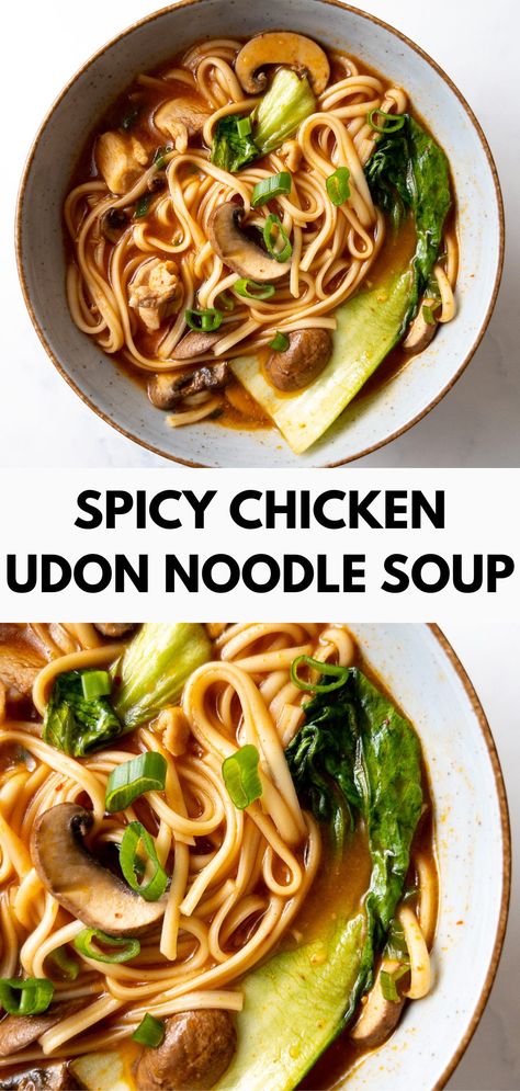 This spicy chicken udon noodle soup is a super quick and delicious noodle soup recipe that I love to make for lunch. It is super flavorful, has fresh vegetables, and is perfect for anyone who loves Asian foods! Chicken Udon Noodle Soup, Chicken Udon Soup, Udon Soup Recipe, Spicy Chicken Soup Recipes, Chicken Udon Noodles, Spicy Asian Noodles, Tasty Noodles Recipe, Asian Chicken Noodle Soup, Spicy Chicken Noodles