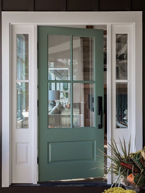 Sherwin Williams SW 2811 Rookwood Blue Green #door #paintcolor #frontdoor #SherwinWilliamsSW2811RookwoodBlueGreen… Green Doors And Windows, Vinyl Shaker Siding Exterior, Black And White House Green Door, Green Door Colors Sherwin Williams, Desert Lake Sherwin Williams Front Door, Rockwood Blue Green Sw, Lake Cottage Front Door, Sw Front Door Colors, Coastal Style Front Doors