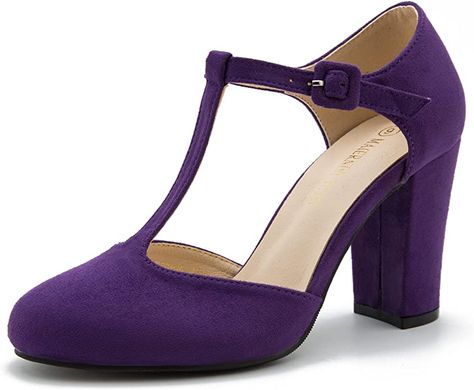 Amazon.com | Women's T-Strap Block Chunky Heel Mary Jane Pumps Cut Out Wedding Dress Shoes | Shoes Cut Out Wedding Dress, Purple Mary Janes, Wedding Dress Shoes, Mary Jane Pumps, Mary Jane Heels, Purple Wedding, T Strap, Chunky Heel, Chunky Heels