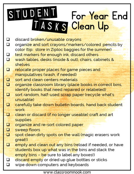 There are a variety of cleaning tasks that your students can do to help you clean up your classroom for the school year Teacher Checklist, Clean Classroom, Classroom Procedures, End Of Year Activities, Cleaning Tasks, 4th Grade Classroom, Classroom Printables, Year End, End Of School Year