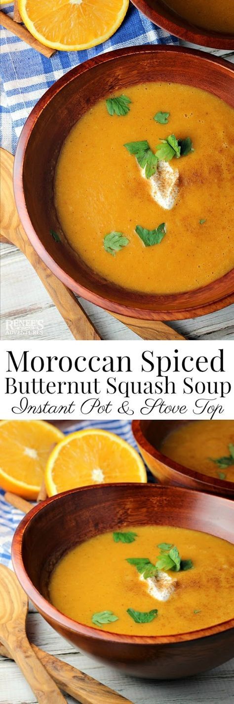 Instant Pot Moroccan Spiced Butternut Squash Soup - Renee's Kitchen Adventures - easy #weightwatchers #soup #recipe made in your #Instantpot So flavorful, you won't believe you're eating #healthy! Instant Pot Moroccan, Spicy Butternut Squash Soup, Spiced Butternut Squash, Warming Soups, Soup Hearty, Weight Watchers Recipe, Butternut Soup, Healthy Recipes Easy Snacks, Instant Pot Soup